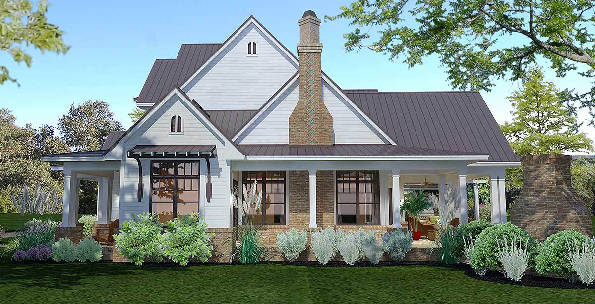 Single-Story Home with Striking Stone Chimney and Trellis Porch