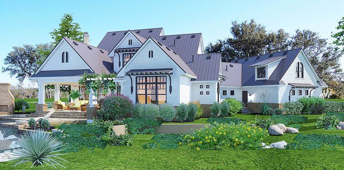 Right-rear rendering of the 3-bedroom two-story farmhouse.