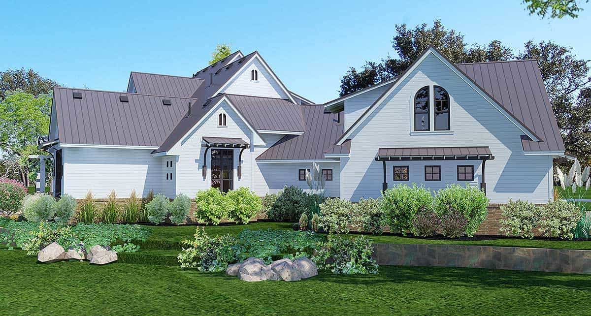 Architectural Elegance with Gabled Roofs and Arched Window