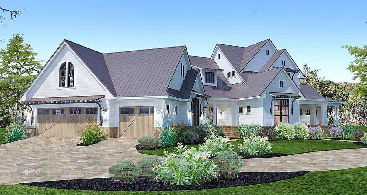 Left-front rendering of the 3-bedroom two-story farmhouse.