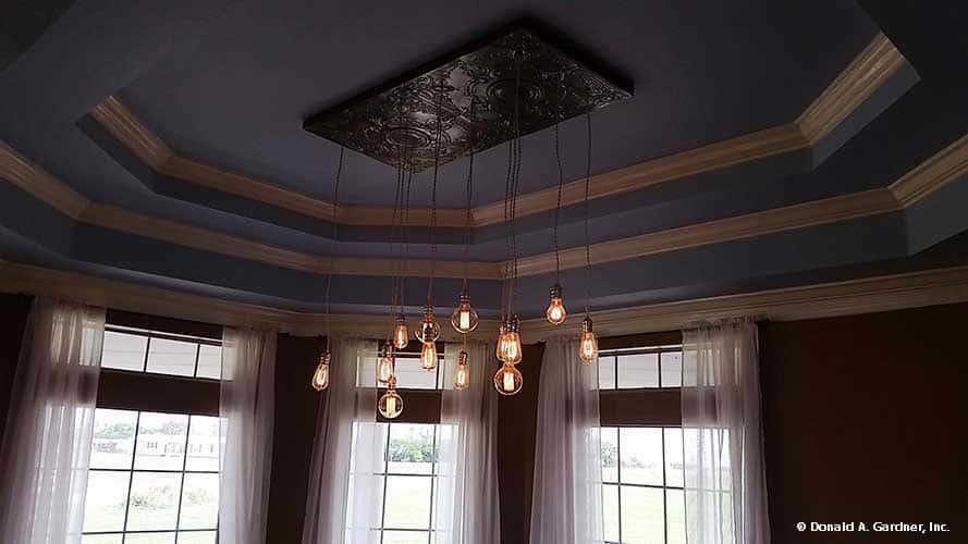A closeup look at the blue step ceiling mounted with bulb pendants.A closeup look at the blue step ceiling mounted with bulb pendants.