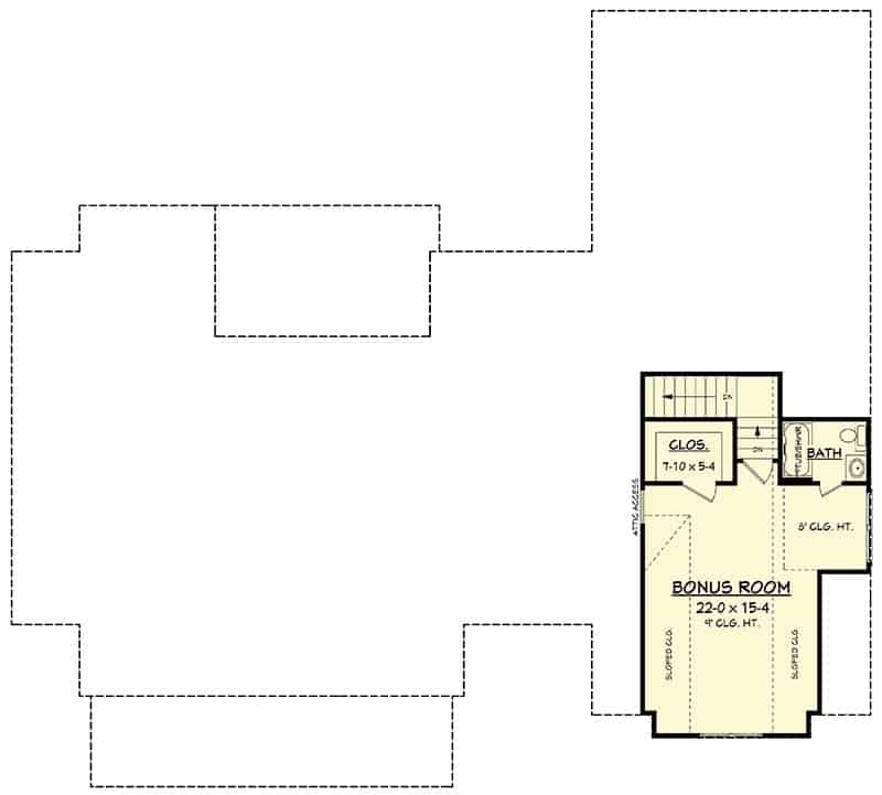 Bonus room floor plan above the garage with full bath and walk-in closet.