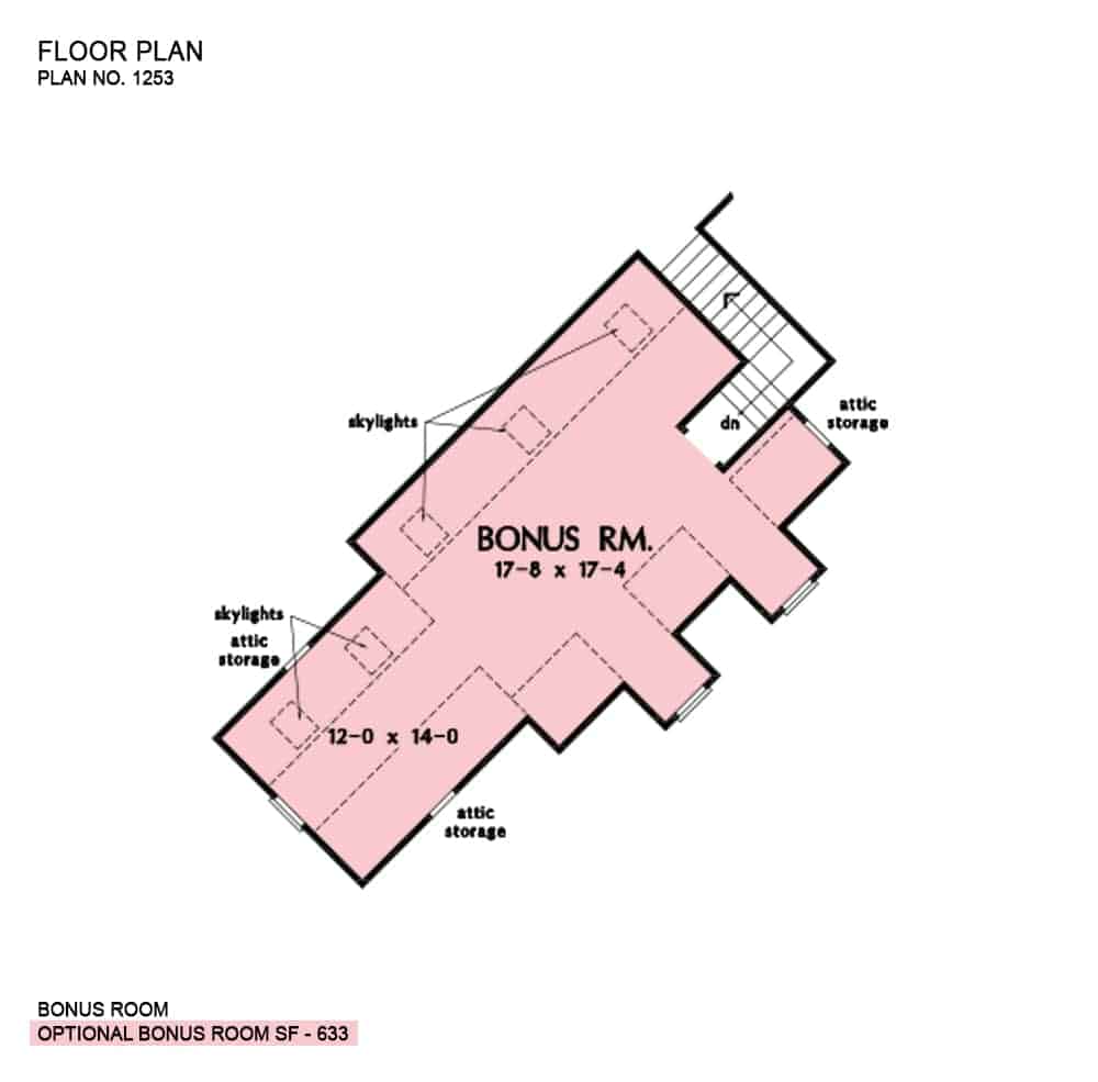 Bonus room floor plan above the garage with skylights and attic storage.