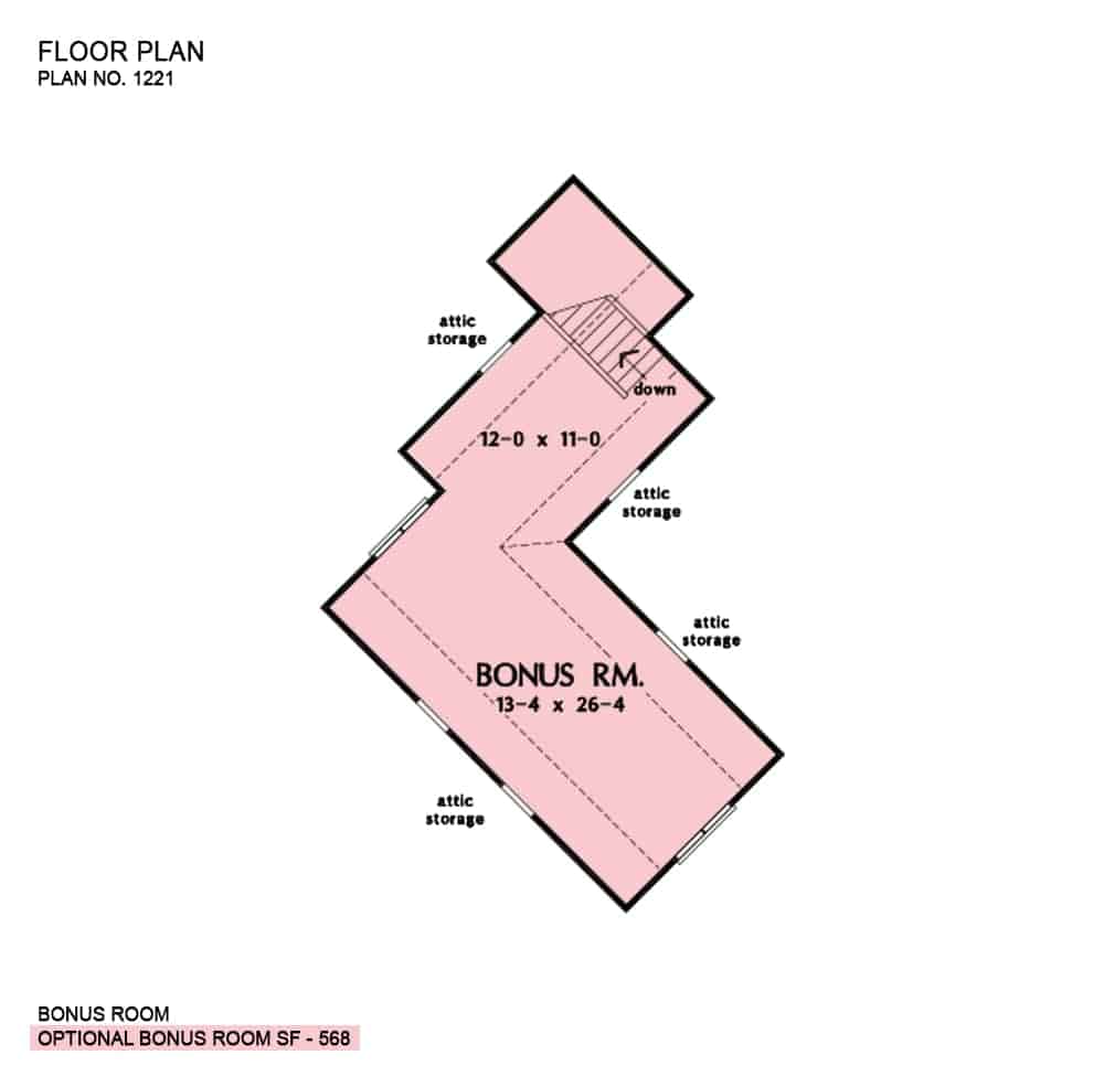 Bonus room floor plan with attic storage and a staircase leading down the main floor.