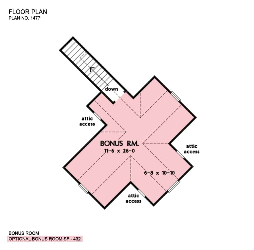 Bonus room floor plan showing the attic access and the staircase leading down the main floor.