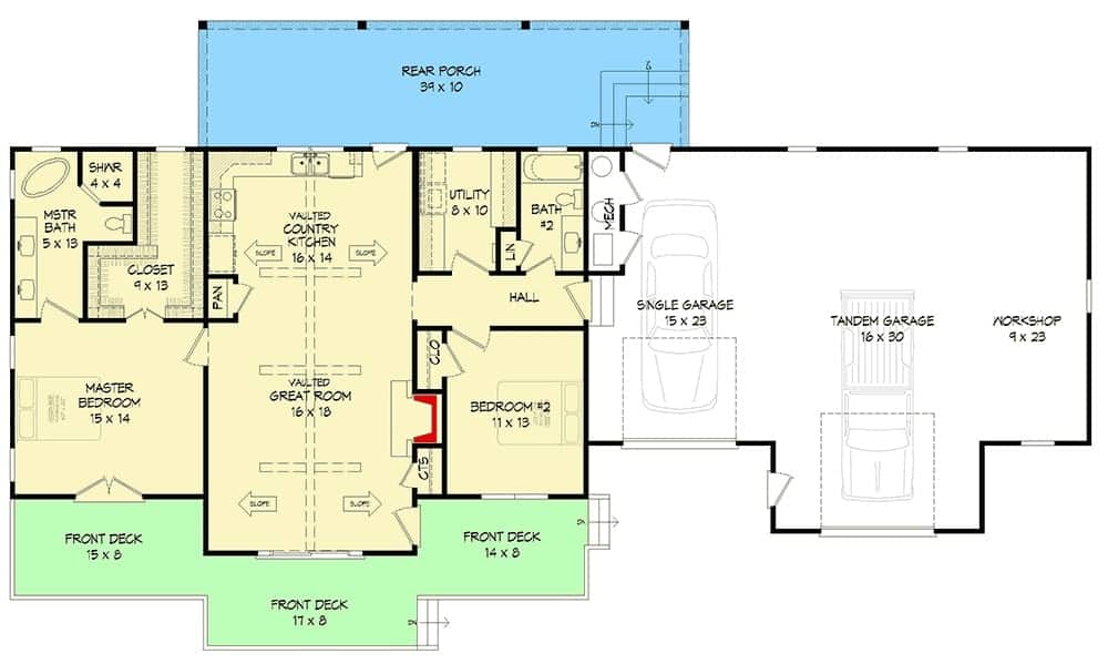 Entire floor plan of a single-story 2-bedroom country home with front and rear porches, vaulted great room, country kitchen, utility room, two bedrooms, and an oversized garage with a workshop.