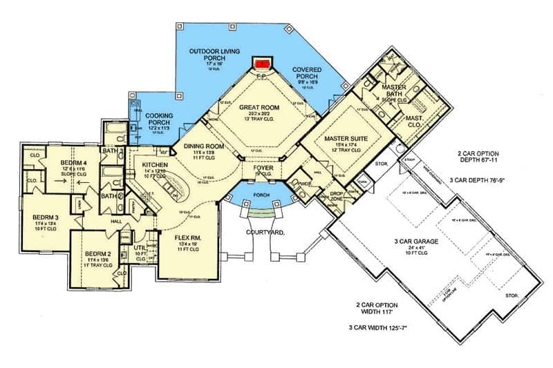 Entire floor plan of a single-story 4-bedroom Tuscan style Santa Fe ranch with front and rear porches, foyer, great room, kitchen, dining area, flex room, four bedrooms, and an angled garage.