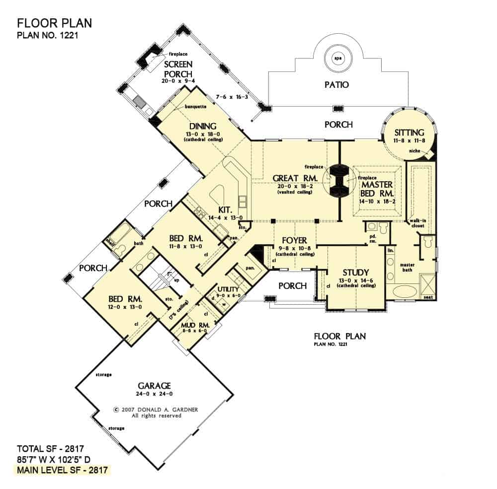 Main level floor plan of a 3-bedroom single-story The Hartwell rustic ranch with an angled garage, foyer, great room, kitchen, dining room, study, three bedrooms, and plenty of outdoor spaces.