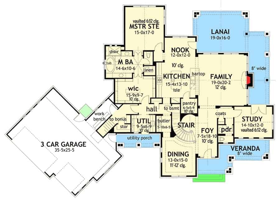 Main level floor plan of a 3-bedroom two-story farmhouse with angled garage, foyer, study, kitchen with breakfast nook, formal dining room, family room, utility, primary suite, and lots of outdoor spaces.