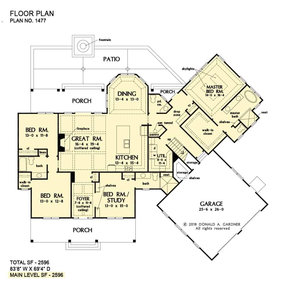 Main level floor plan of a 4-bedroom single-story The Leslie modern farmhouse with front and rear porches, foyer, great room, kitchen, dining area, utility room, four bedrooms, and a garage with plenty of storage space.