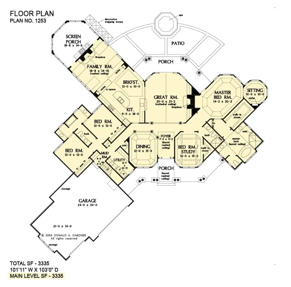 Main level floor plan of a single-story 4-bedroom The Chamberlaine luxury craftsman with front, rear, and screened porches, foyer, great room, formal dining room, kitchen with breakfast area, family room, utility room, four bedrooms, and an angled garage.