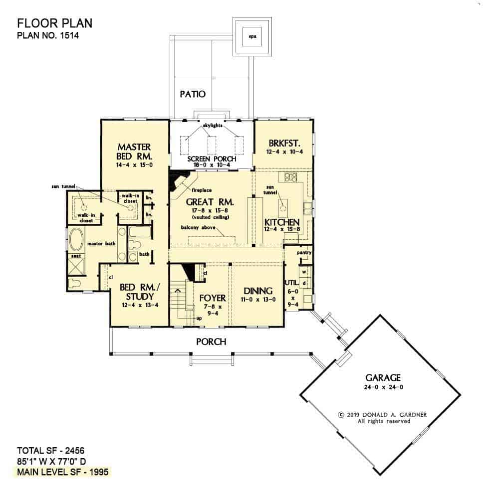 Main level floor plan of a two-story 3-bedroom The Lucinda Modern Farmhouse with a formal dining room, great room, kitchen with breakfast nook, utility, two bedrooms, screened porch, and an angled garage.