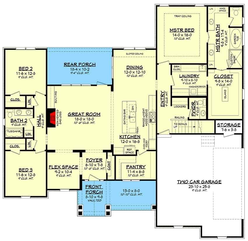 Main level floor plan of a two-story 4-bedroom New American home with front and rear porches, foyer, flex space, great room, kitchen, dining area, laundry room, three bedrooms, and a double garage with storage closet.