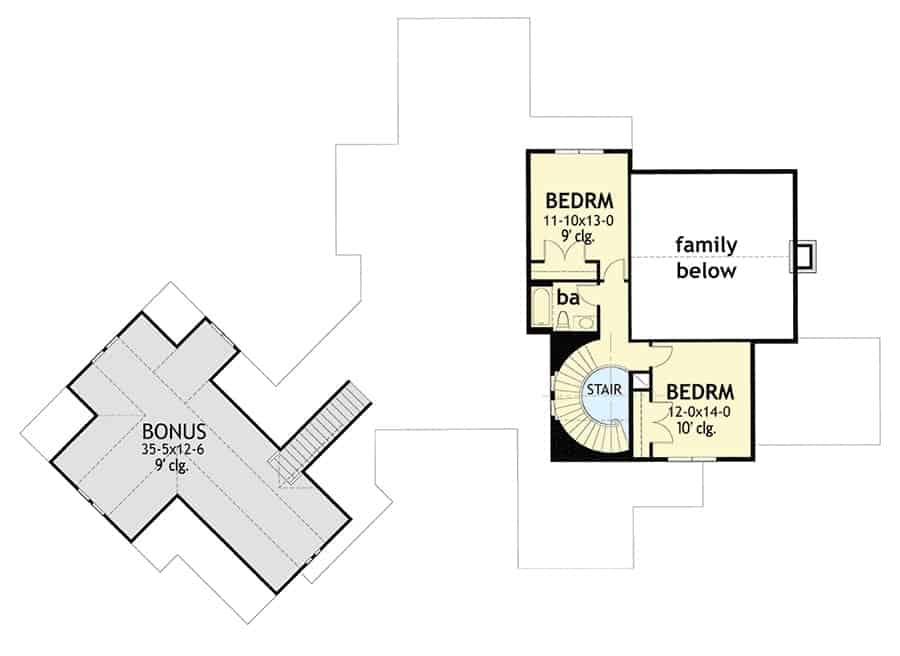 Second level floor plan with two bedrooms and a separate bonus room.