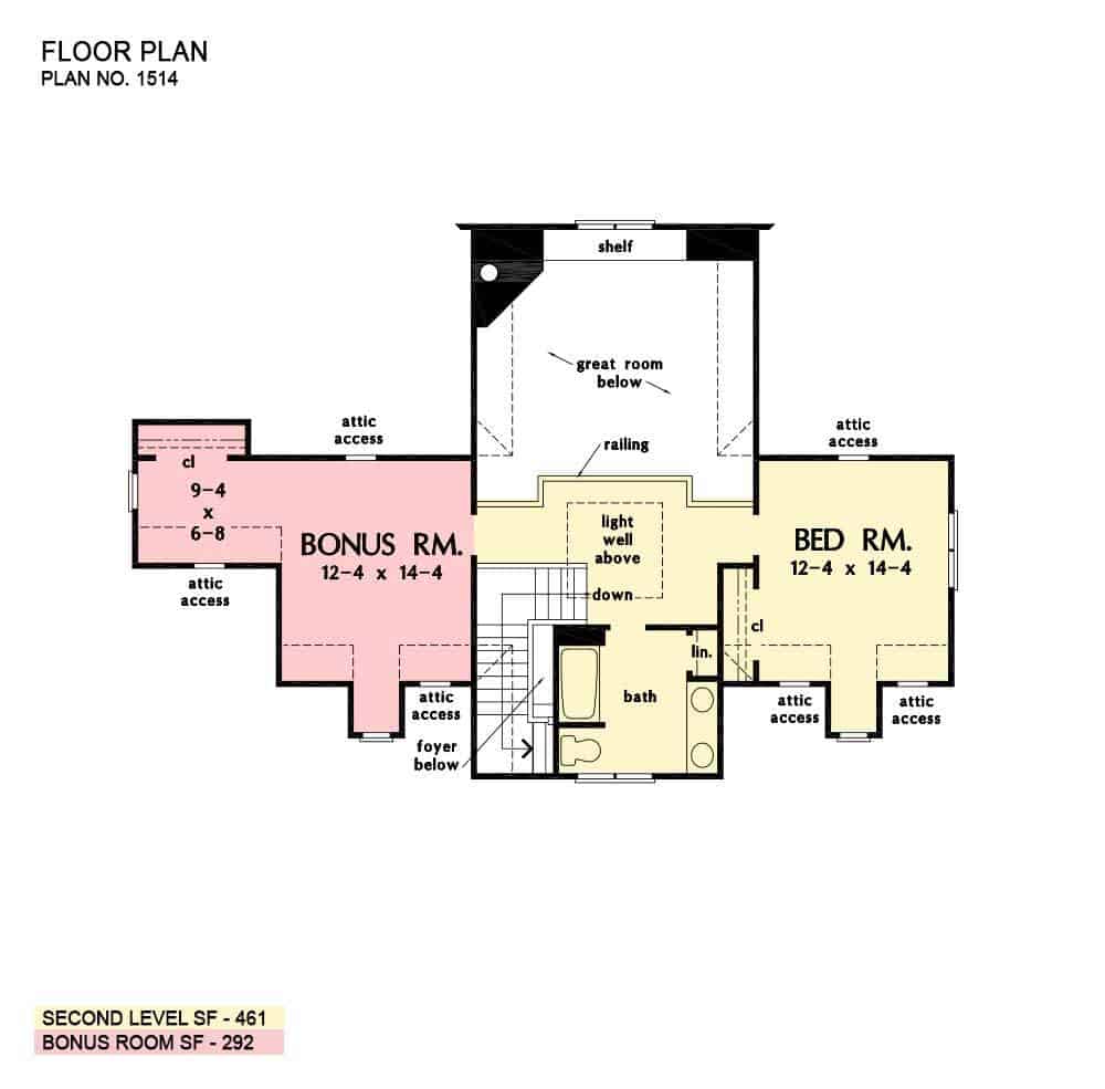 Second level floor plan with one more bedroom, a full bath, and a bonus room.