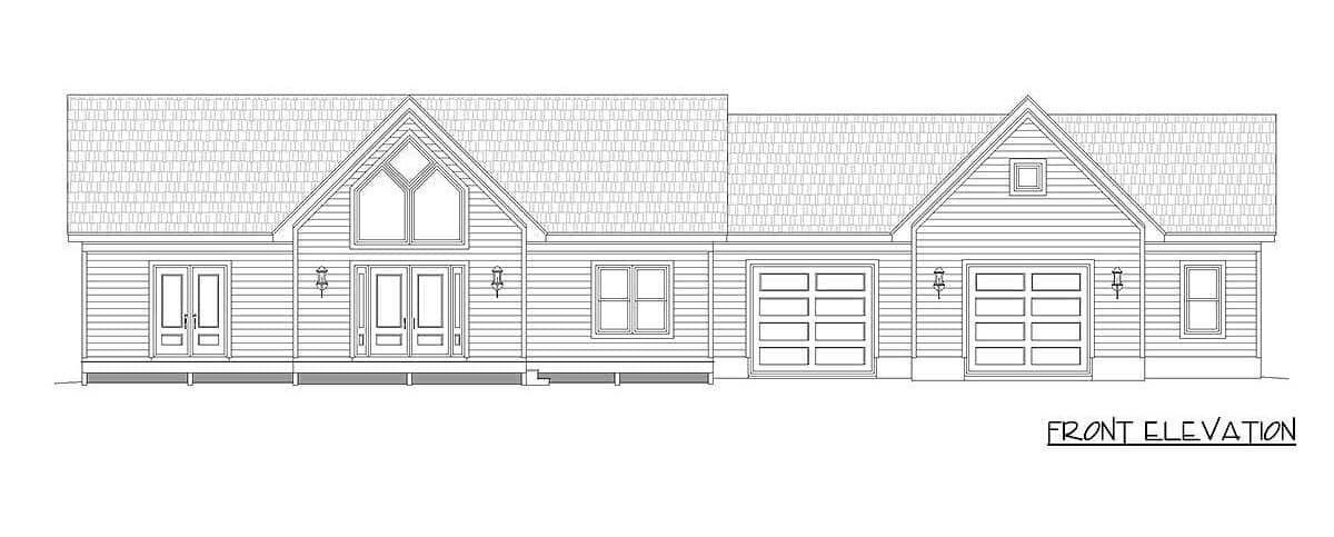 Front elevation sketch of the single-story 2-bedroom country home.