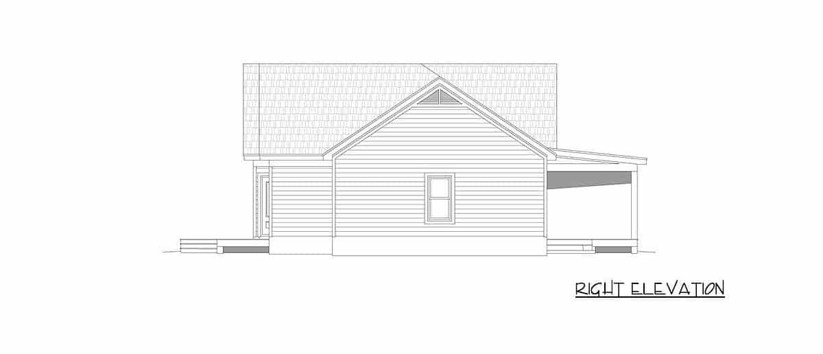 Right elevation sketch of the single-story 2-bedroom country home.
