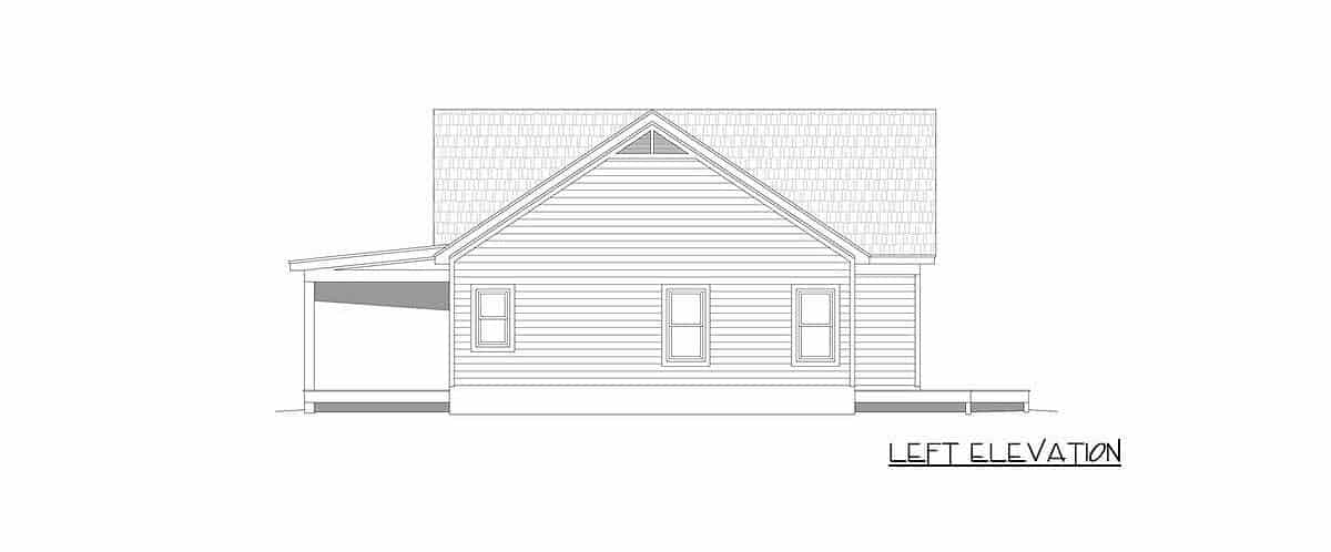 Left elevation sketch of the single-story 2-bedroom country home.