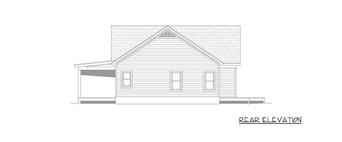 Rear elevation sketch of the single-story 2-bedroom country home.