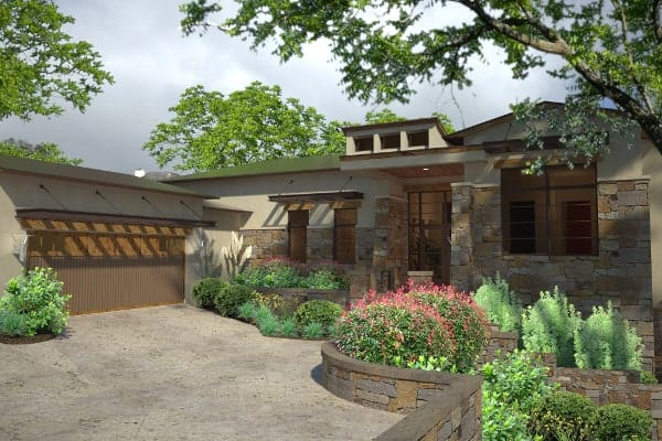Front-right rendering of the single-story 3-bedroom contemporary style Santa Catalina home.