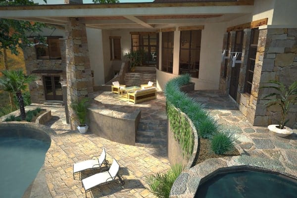 Rear rendering of the single-story 3-bedroom contemporary style Santa Catalina home.