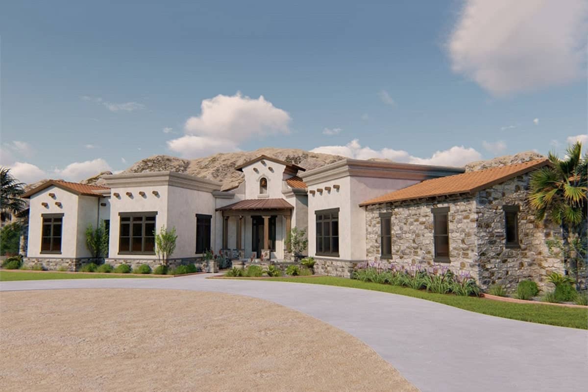 Front rendering of the single-story 4-bedroom Tuscan style Santa Fe ranch.