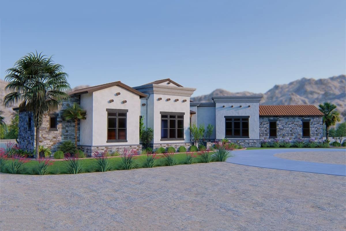 Angled Front rendering of the single-story 4-bedroom Tuscan style Santa Fe ranch.