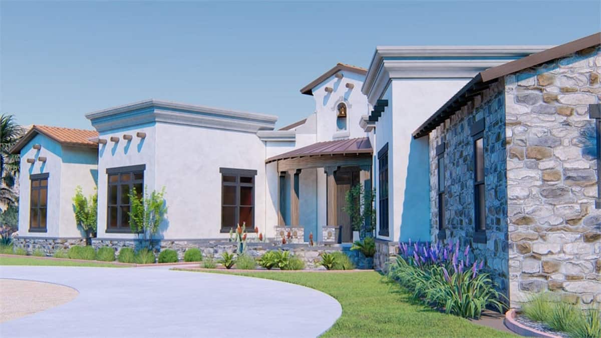 Rear rendering of the single-story 4-bedroom Tuscan style Santa Fe ranch.Rear rendering of the single-story 4-bedroom Tuscan style Santa Fe ranch.
