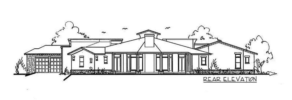 Rear elevation sketch of the single-story 4-bedroom Tuscan style Santa Fe ranch.
