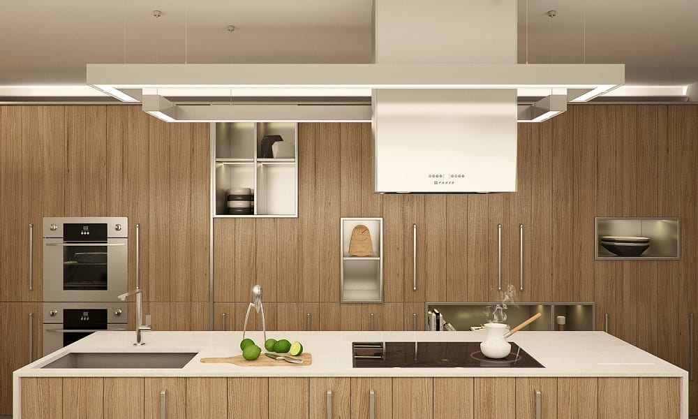 This is the kitchen with consistent wooden tones on its cabinetry and kitchen island that houses the cooking area.