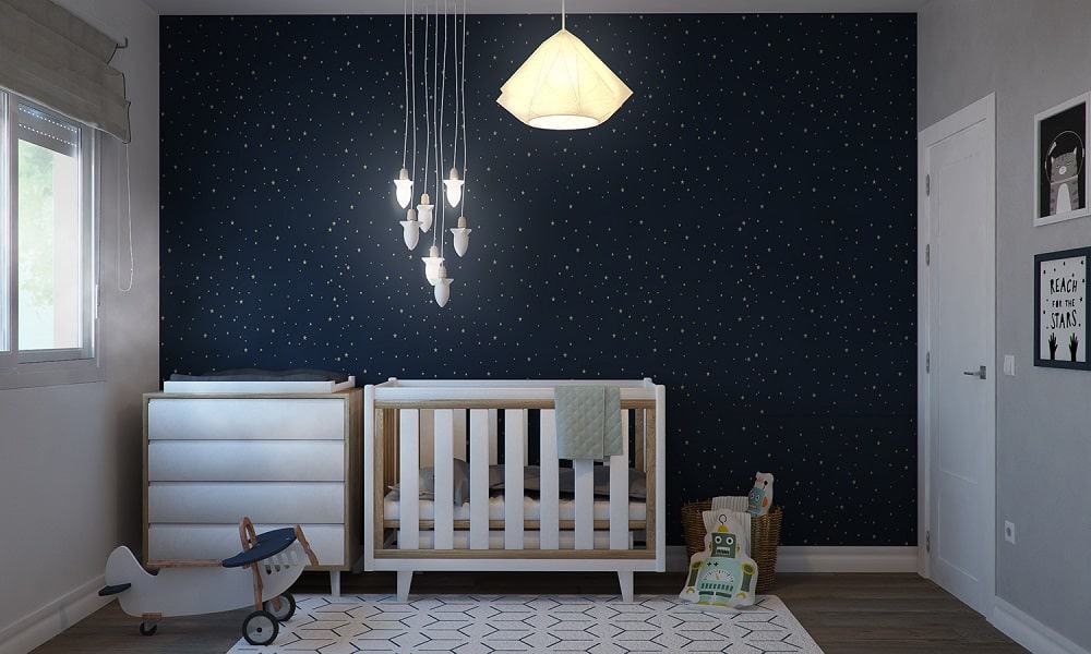 This is the wall of the crib with decorative stars lighting and decoration on the night-like wall.