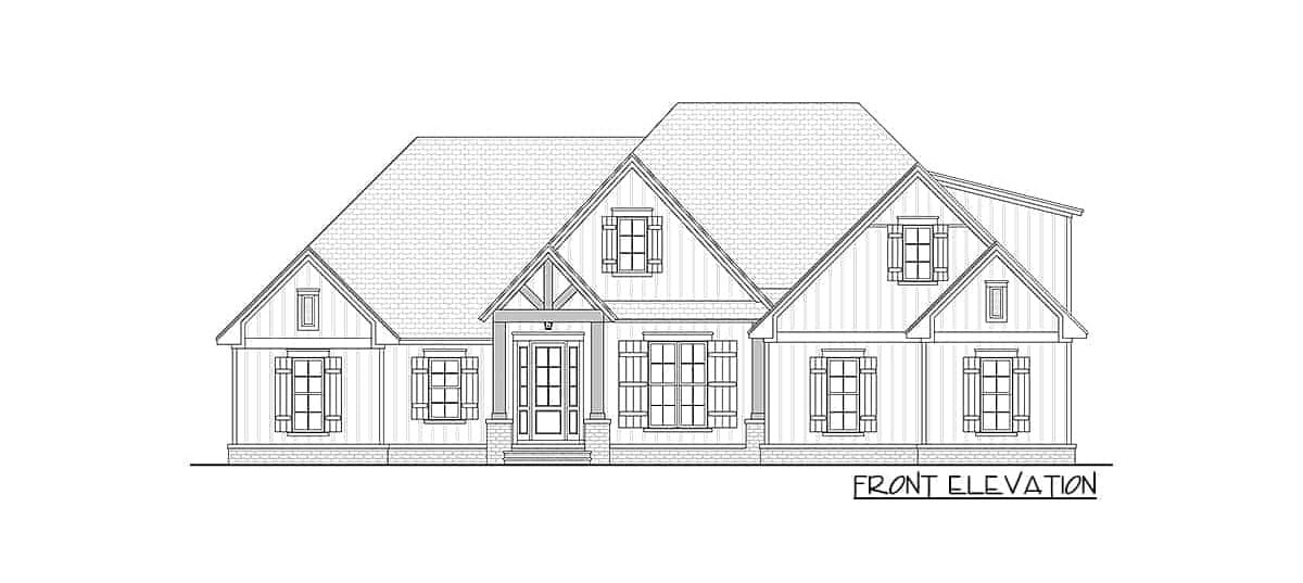 Front elevation sketch of two-story 4-bedroom New American home.
