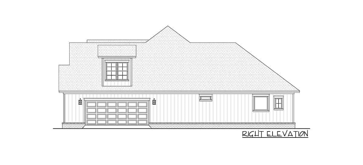 Right elevation sketch of two-story 4-bedroom New American home.