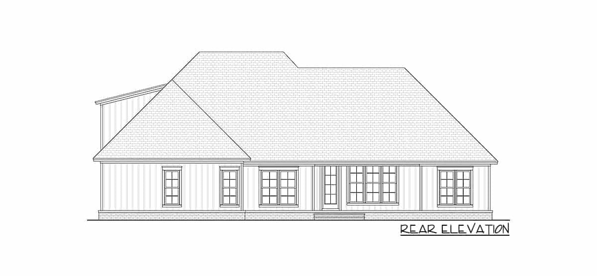Rear elevation sketch of two-story 4-bedroom New American home.