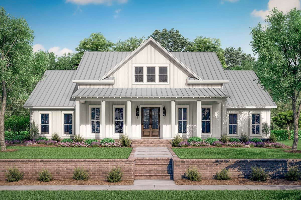 Front rendering of the two-story 5-bedroom modern farmhouse.