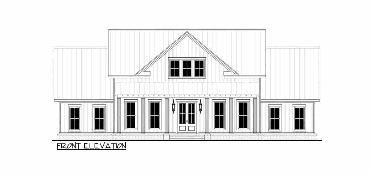 Front elevation sketch of the two-story 5-bedroom modern farmhouse.