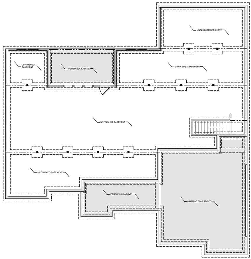 Unfinished basement floor plan showing the garage slab, porch slabs, and unfinished spaces.