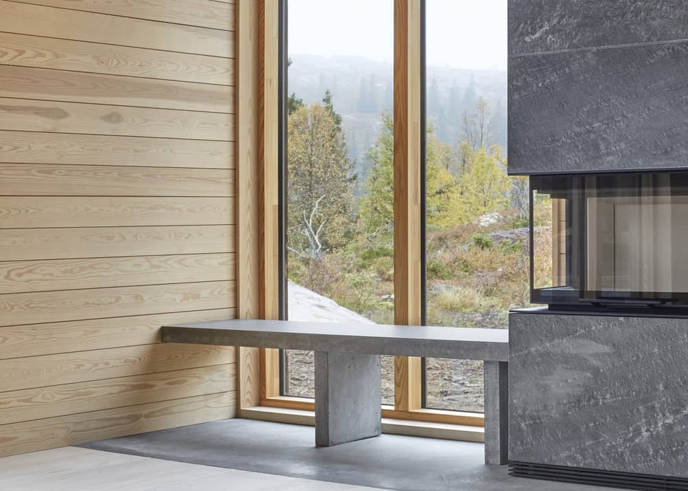 This is another built-in concrete bench that is also connected to the concrete modern fireplace lit by the natural light of the glass wall.