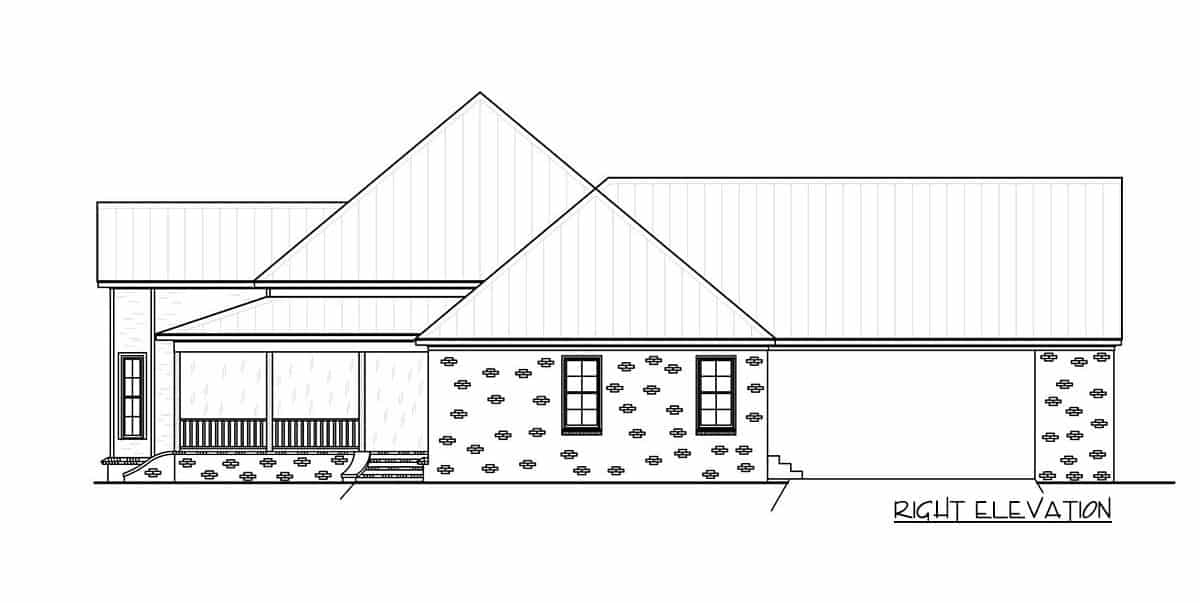 Right elevation sketch of the 3-bedroom single-story Southern home.