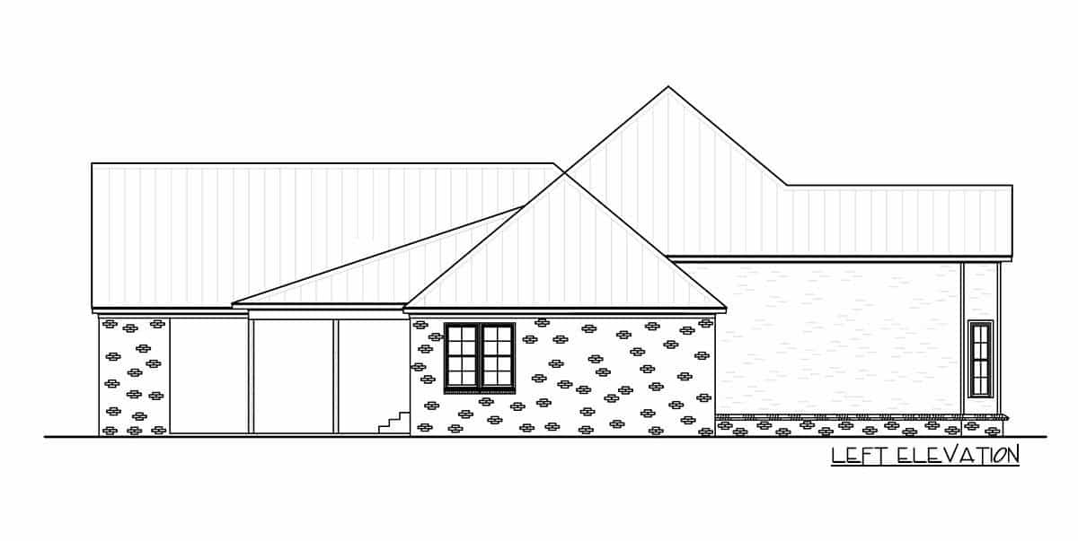 Left elevation sketch of the 3-bedroom single-story Southern home.