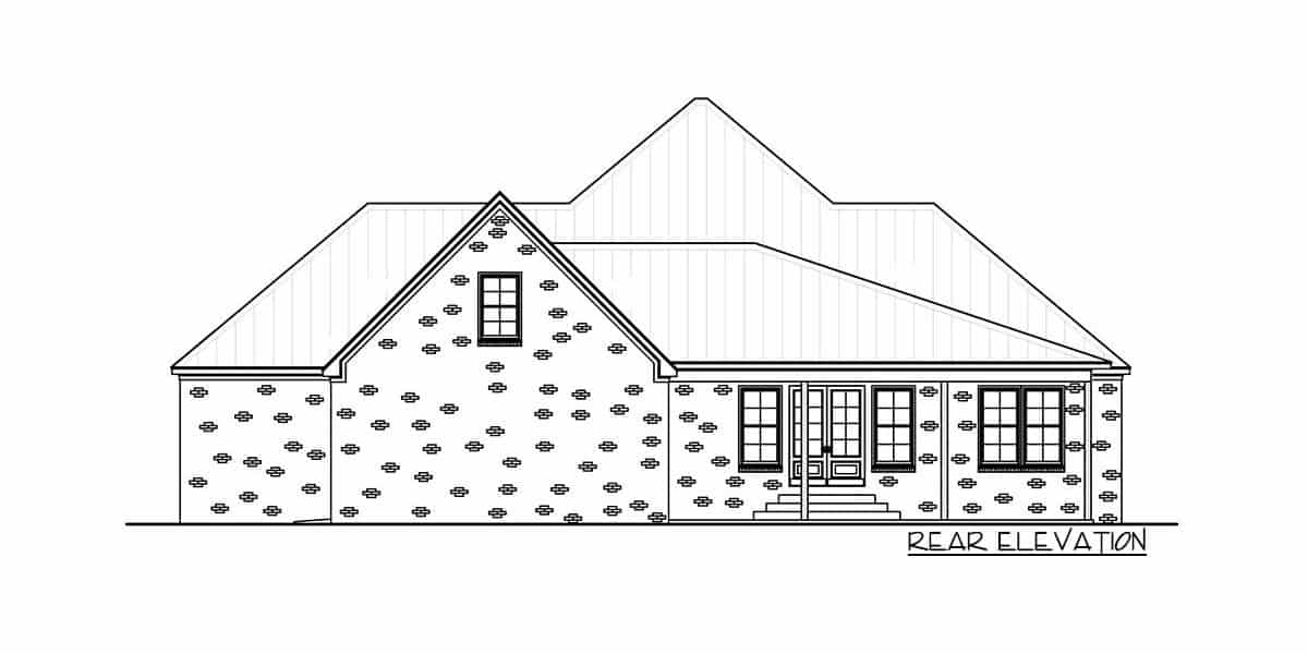 Rear elevation sketch of the 3-bedroom single-story Southern home.