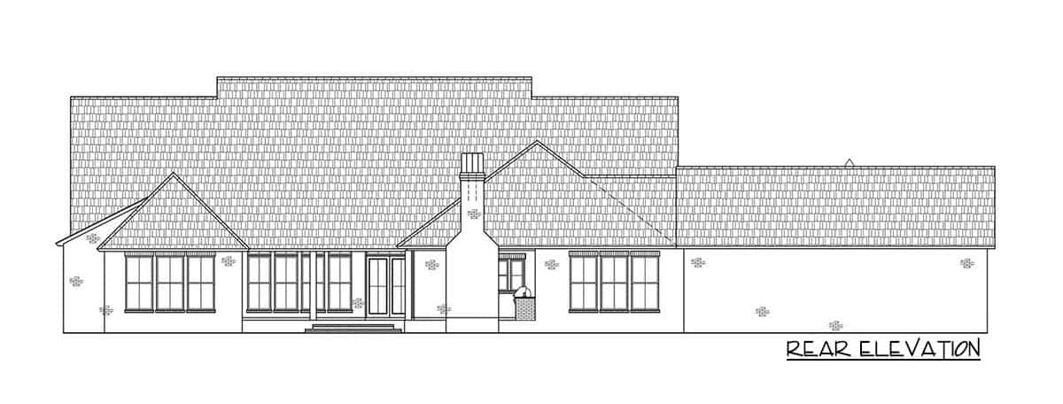 Rear elevation sketch of the 4-bedroom single-story Acadian ranch.