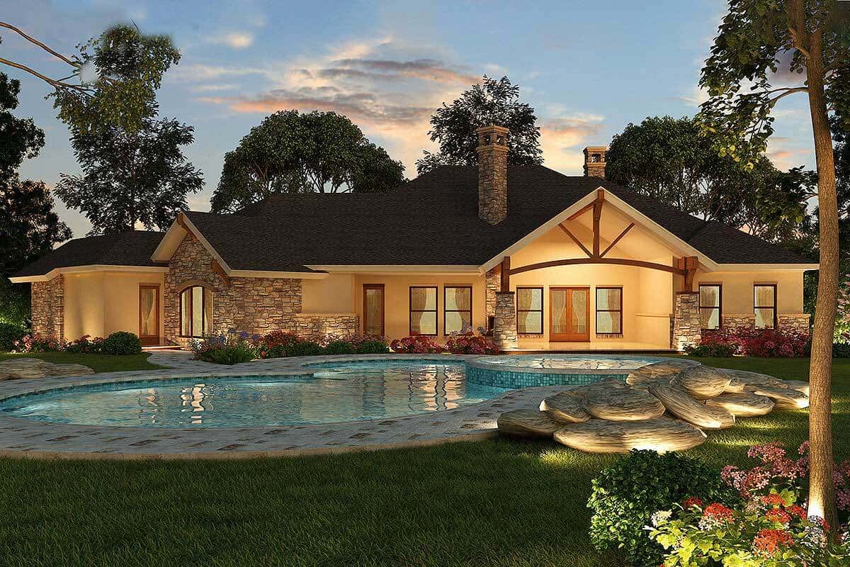 Rear rendering of the 4-bedroom single-story hill country home.