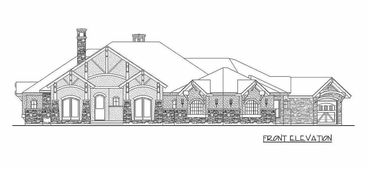 Front elevation sketch of the 4-bedroom single-story hill country home.