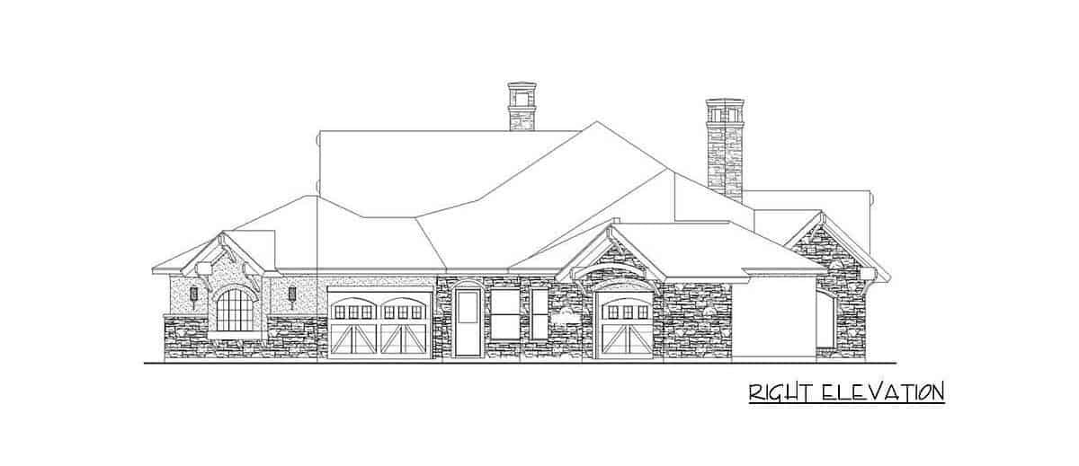 Right elevation sketch of the 4-bedroom single-story hill country home.