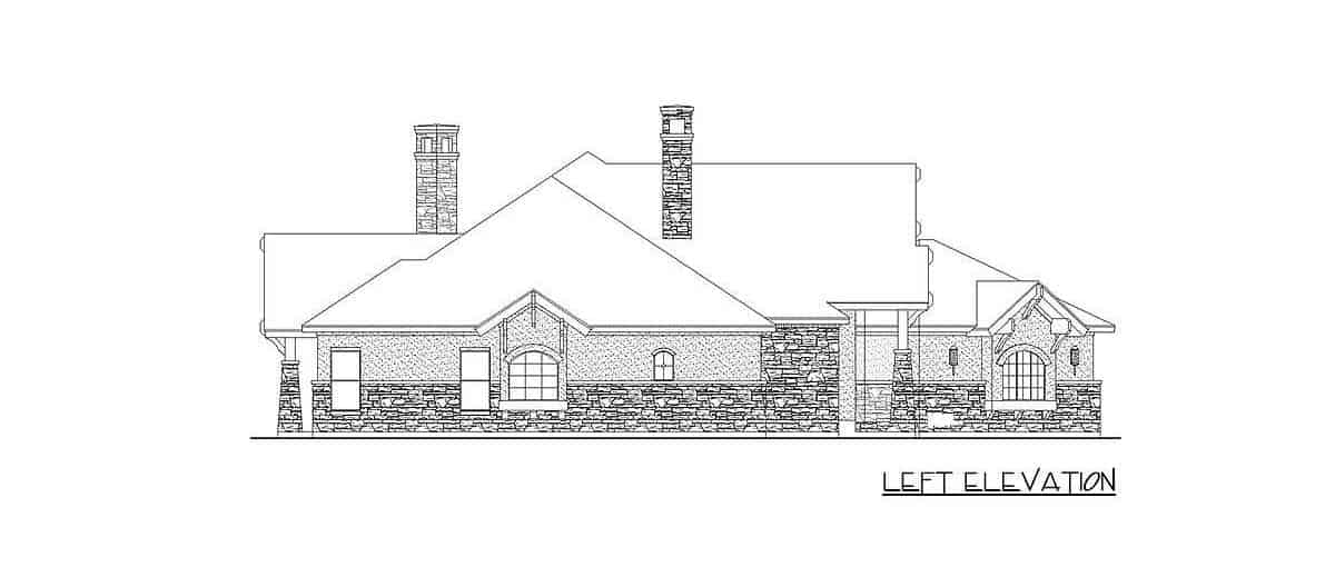 Left elevation sketch of the 4-bedroom single-story hill country home.