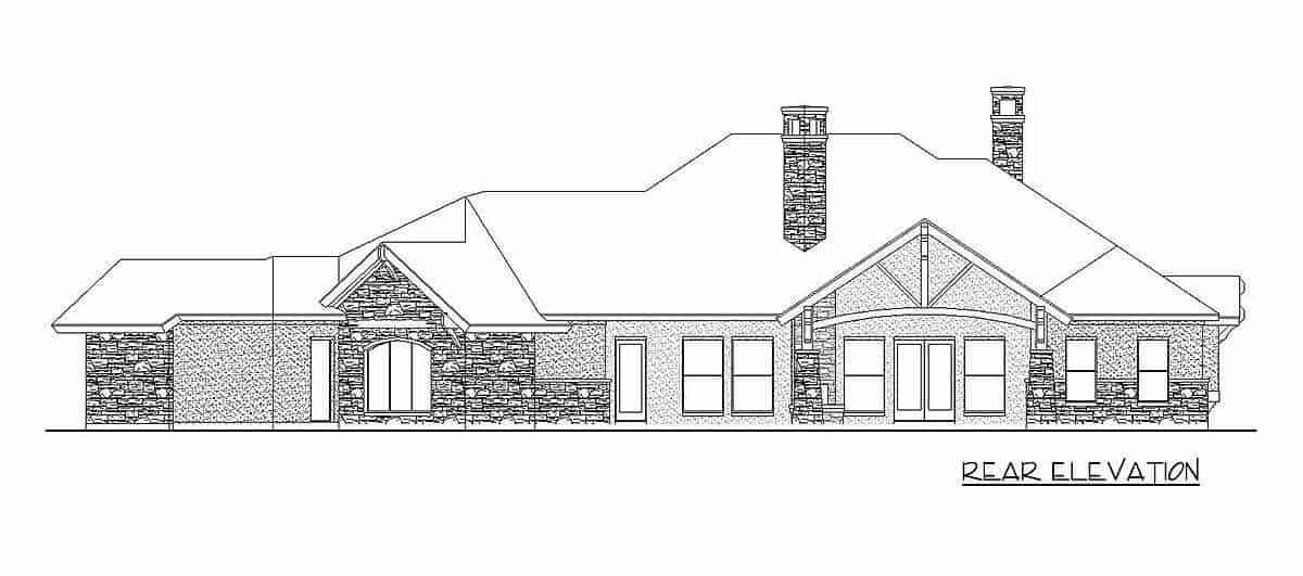 Rear elevation sketch of the 4-bedroom single-story hill country home.