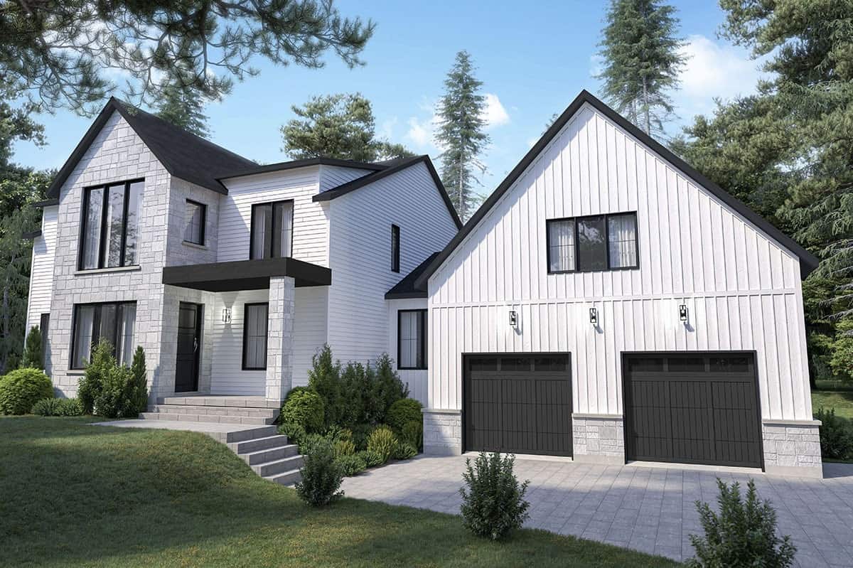 Front rendering of the 4-bedroom two-story modern farmhouse with alternate white brick accents.
