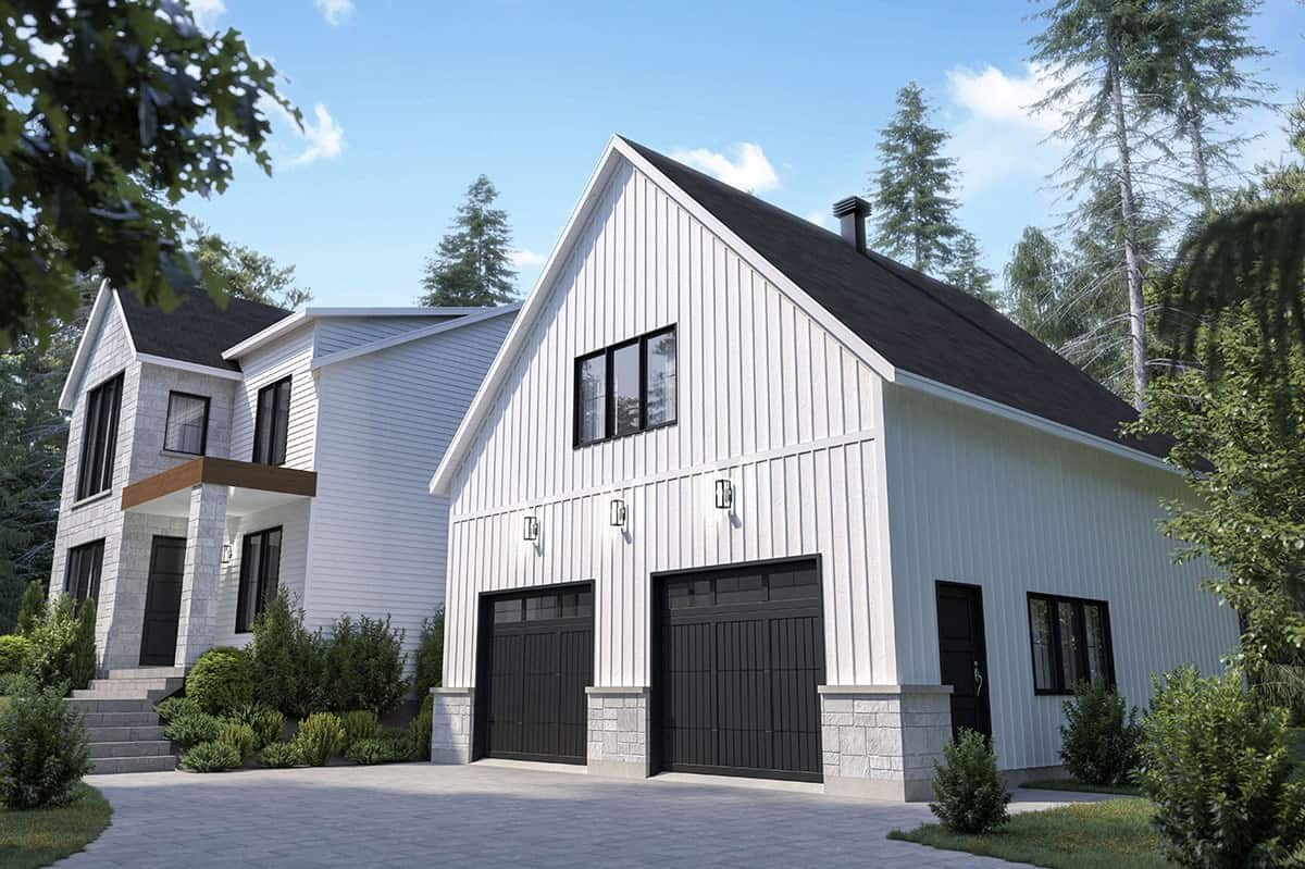 Front-right rendering of the 4-bedroom two-story modern farmhouse.