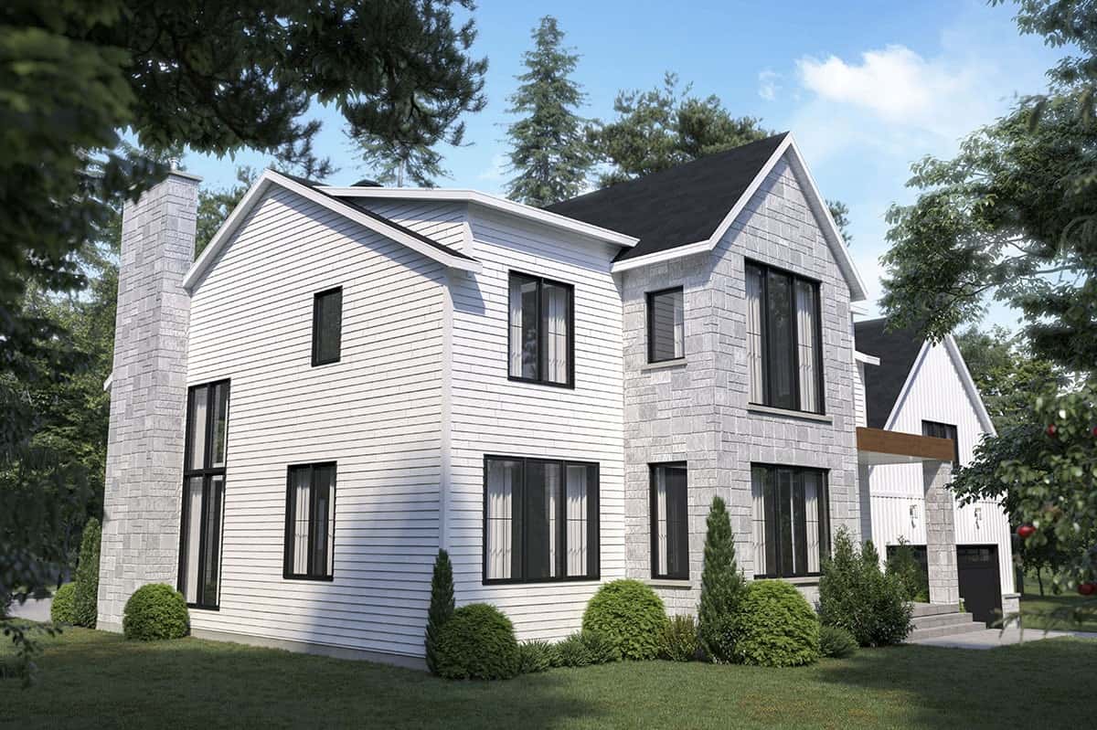 Front-left rendering of the 4-bedroom two-story modern farmhouse.